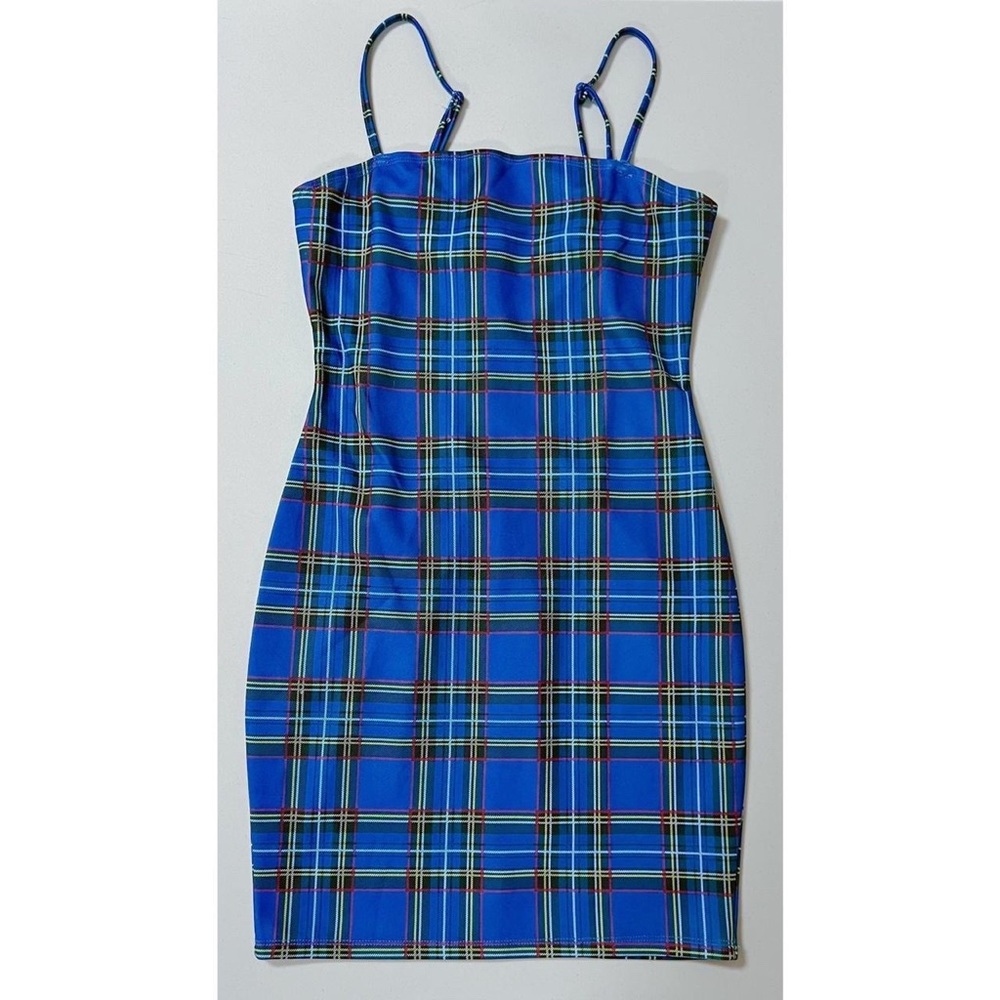 Blue Yellow Plaid Checkered Bodycon Mini Dress Size S 💛💙 #mini #dress #plaid